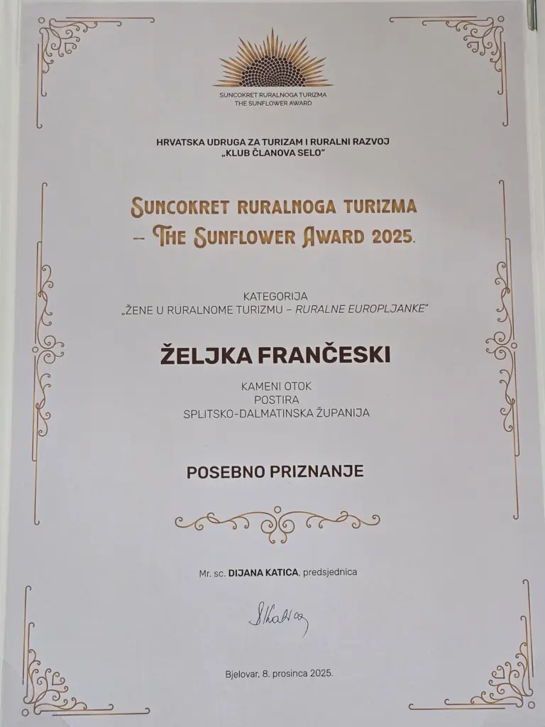 Sunflower Award 2025 &ndash; Special Recognition presented to Željka Frančeski and Kameni Otok for contribution to rural tourism in Croatia.