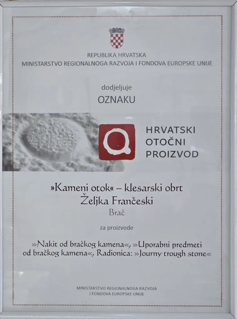 Official Croatian Island Product certificate awarded to Kameni Otok, recognizing handcrafted Brač stone products and the Journey Through Stone experience.
